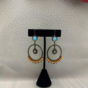 Boho Brass Hoop Earrings w/ Turquoise & Amber beads